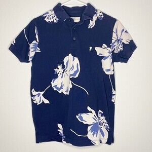 French Connection Navy Blue Polo 100% Cotton Floral Print Size Small Slim